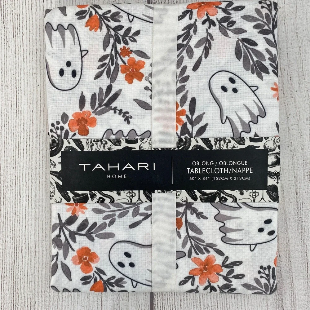 Tahari Home Tablecloth 60x84 White Ghost Floral Oblong Halloween Metallic Fall